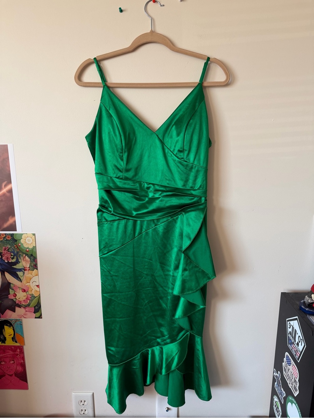 Emerald Sundae Emerald Green Satin Midi Dress with Ruffle Hem